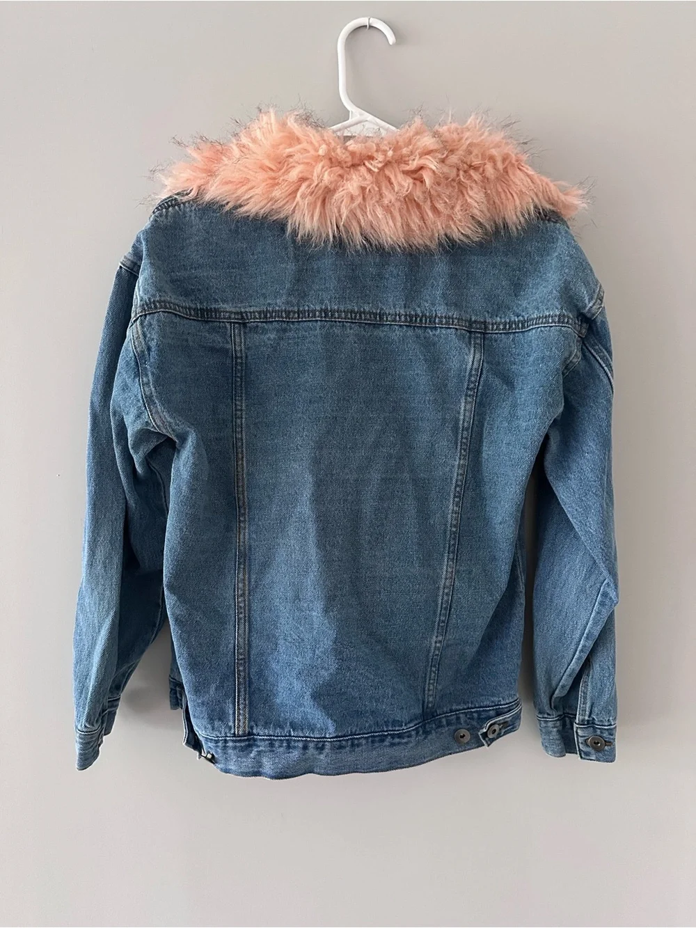 Denim Jacket with Detachable Pink Faux Fur Hood Trim